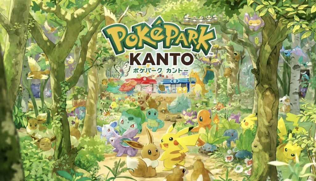 Colorful illustration of various Pokémon including Pikachu, Eevee, and Bulbasaur in a lush forest setting, with the title 'PokéPark Kanto' prominently displayed.