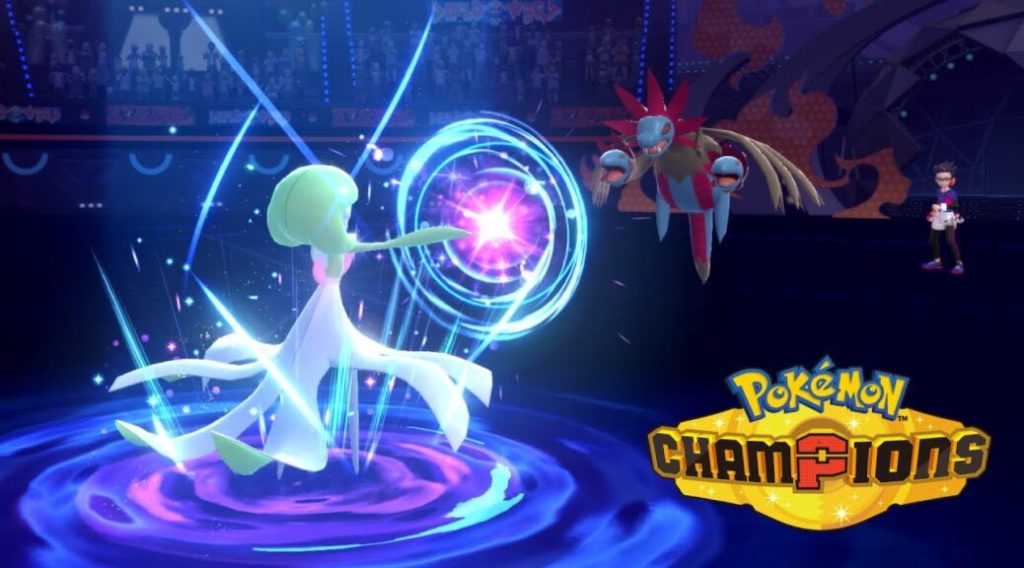 A Pokémon battle scene showcasing a Gardevoir using a psychic move against a Salamence, with spectators in the background and the logo of 'Pokémon Champions' prominently displayed.