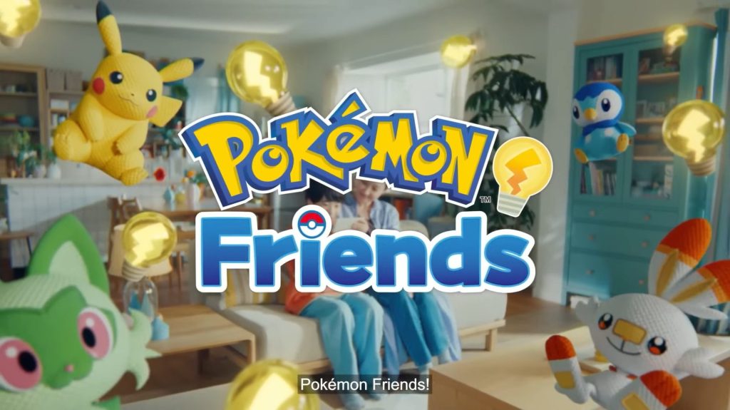 A person sitting in a cozy living room surrounded by plush Pokémon characters, including Pikachu, Sprigatito, Piplup, and a small Grookey, with the title 'Pokémon Friends' prominently displayed.