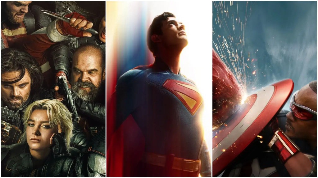 A collage of three images featuring superhero and anti-hero characters: on the left, a group of characters with weapons, in the center, a heroic figure looking upwards in a Superman costume, and on the right, an action scene depicting a superhero confrontation with a shield.