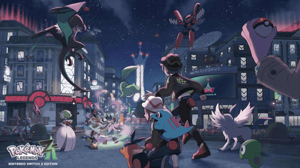 An animated scene from 'Pokémon Legends: Z-A' featuring a vibrant night cityscape with various Pokémon and characters in action, showcasing Mega Dragonite and other Pokémon, along with urban elements and glowing advertisements.
