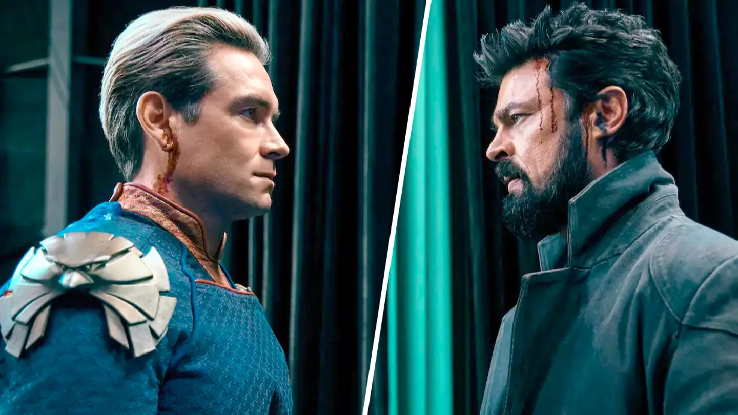 Homelander (Antony Starr) and Billy Butcher (Karl Urban) staring at each other seriously.