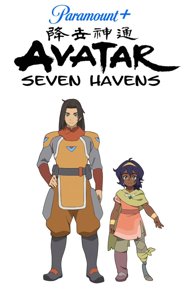 Artwork showcasing characters from 'Avatar: Seven Havens' with the title logo above them. The image features a male character in orange and gray attire and a young female character in a pink and green outfit.